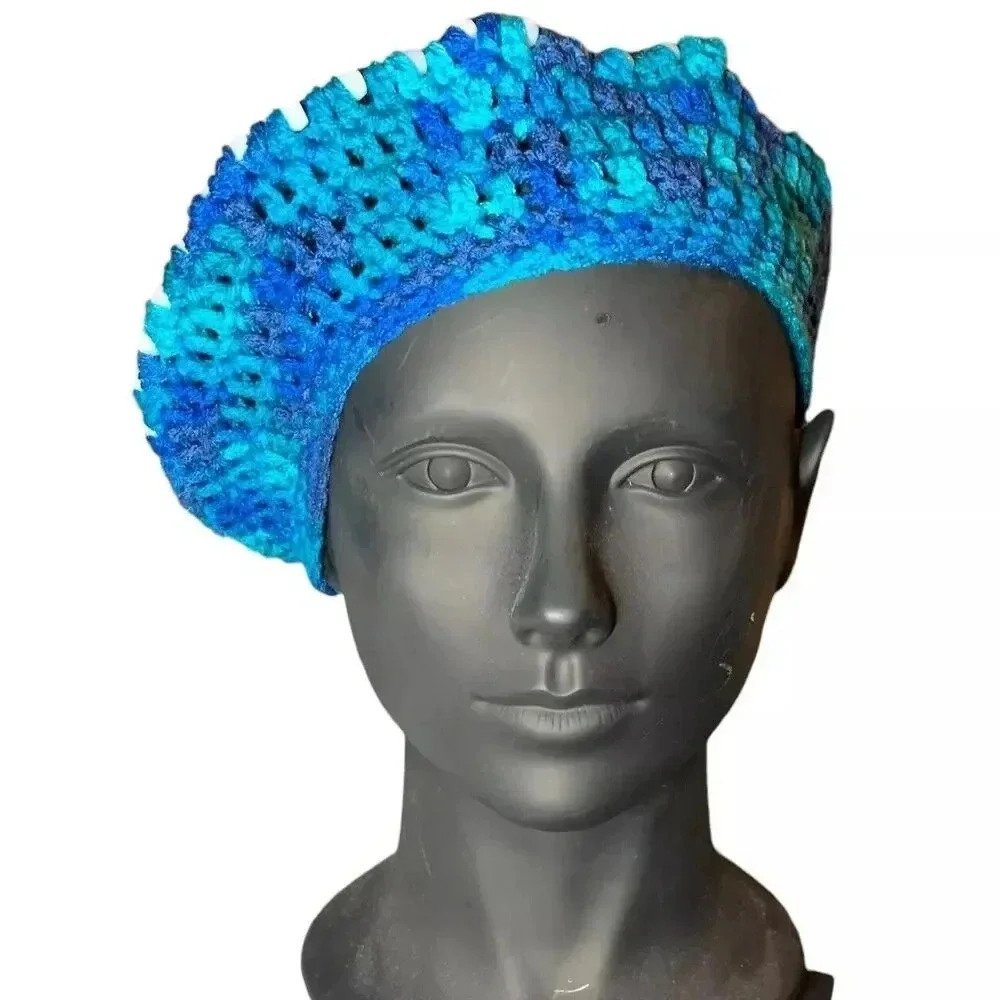 Beaded Beret Hat Women Size Adult Multicolor Blue White Crochet Warm Embellished - Picture 6 of 6